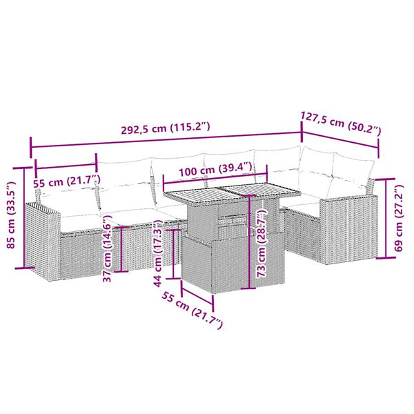 vidaXL 7-delige Loungeset met kussens poly rattan beige