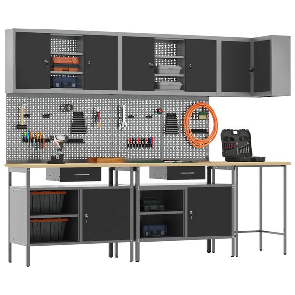 vidaXL Werkkast set met lade met plank met slot 10 pcs Zwart en Grijs