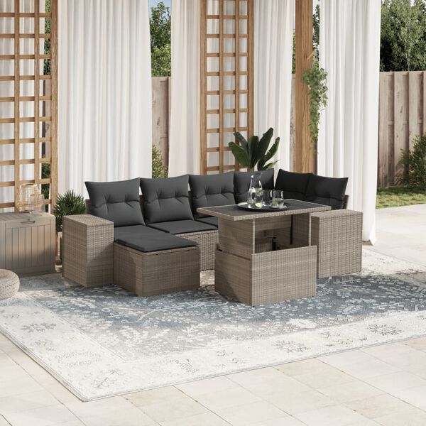 vidaXL 7-delige Loungeset met kussens poly rattan lichtgrijs