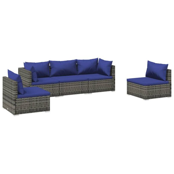 vidaXL 5-delige Loungeset met kussens poly rattan grijs