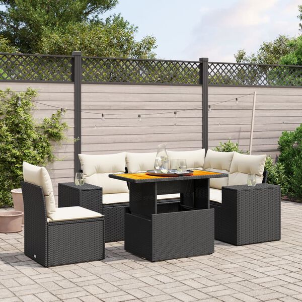 vidaXL 6-delige Loungeset met kussens poly rattan zwart