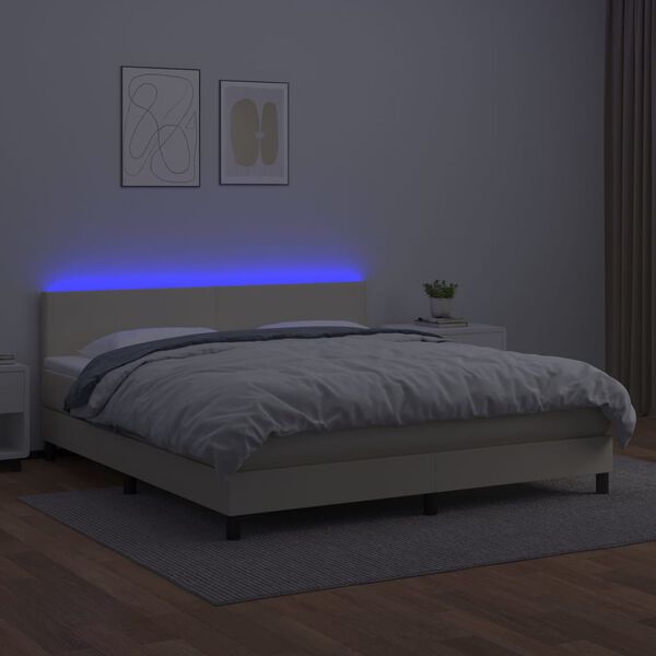 vidaXL Boxspring met matras en LED kunstleer cr&egrave;mekleurig 180x200 cm