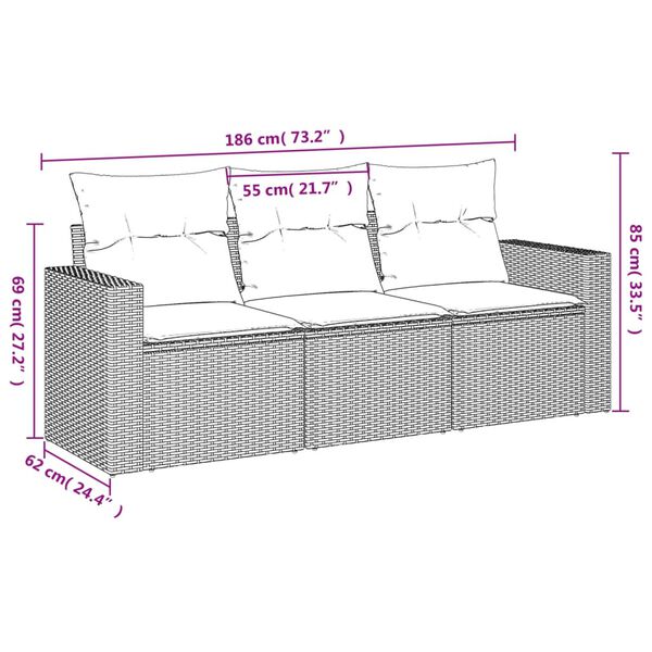vidaXL 3-delige Loungeset met kussens poly rattan grijs