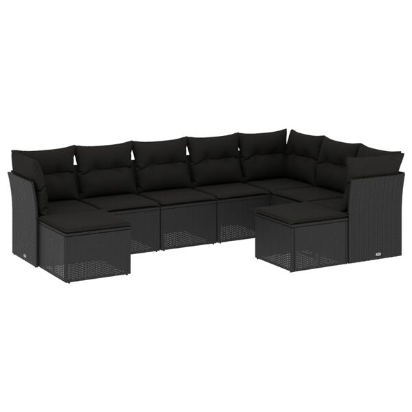 vidaXL 9-delige Loungeset met kussens poly rattan zwart