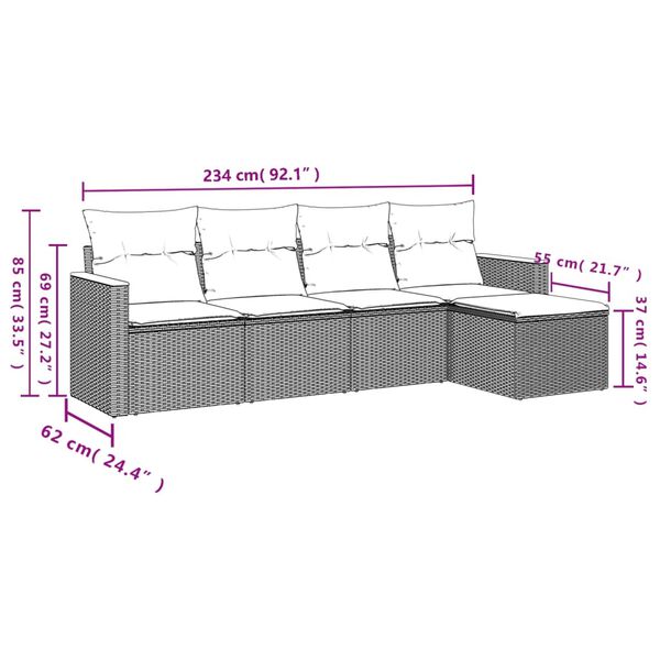 vidaXL 5-delige Loungeset met kussens poly rattan zwart