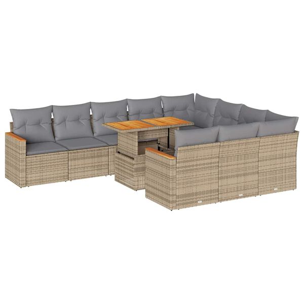 vidaXL 11-delige Tuinset met kussens poly rattan acacia beige