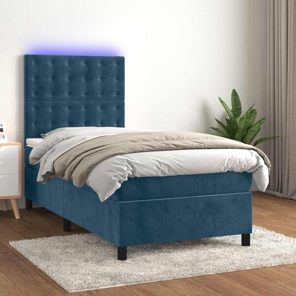 vidaXL Boxspring met matras en LED fluweel donkerblauw 90x190 cm