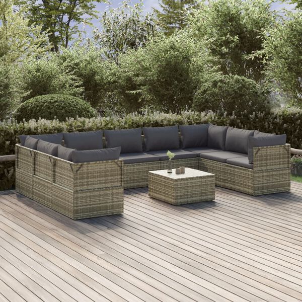vidaXL 10-delige Loungeset met kussens poly rattan grijs