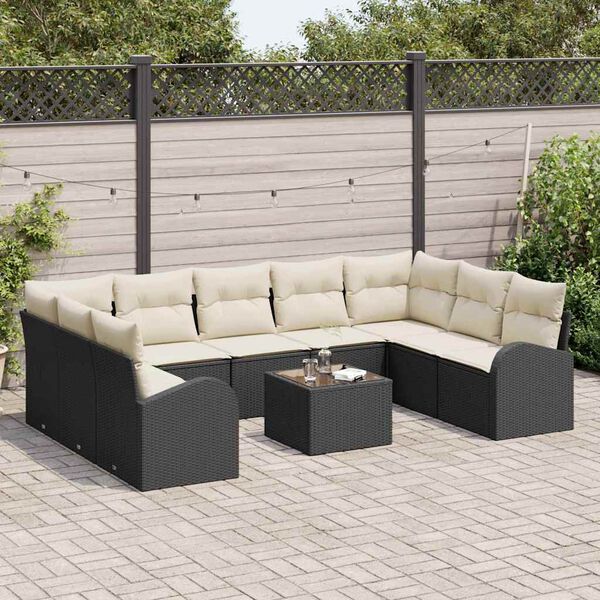 vidaXL Bankstel met kussen 10 pcs Zwart Poly Rattan