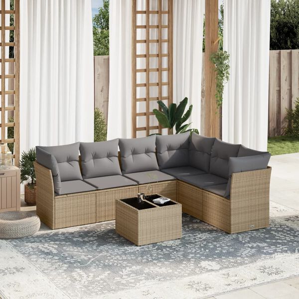 vidaXL 7-delige Loungeset met kussens poly rattan beige
