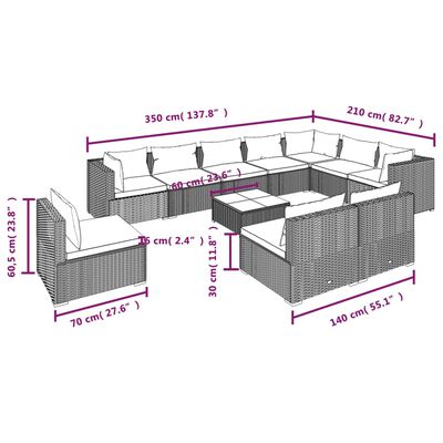 vidaXL 11-delige Loungeset met kussens poly rattan bruin