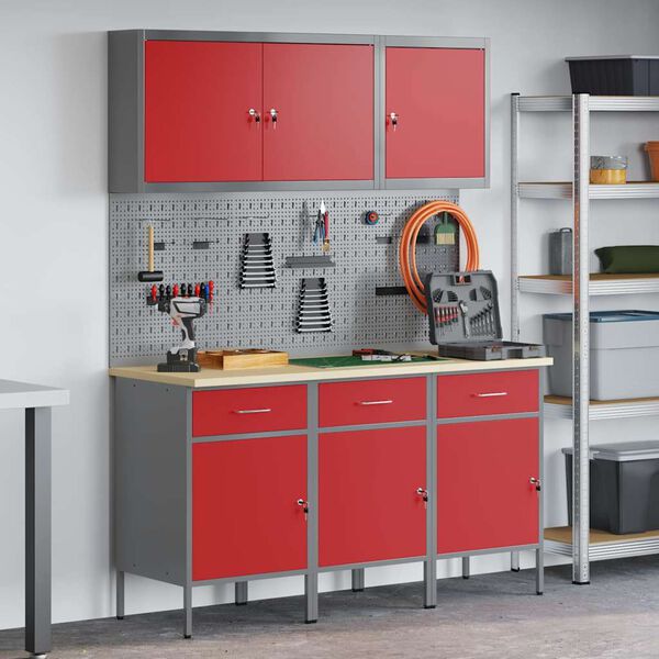 vidaXL Werk kast met lade met slot 8 pcs Rood Engineered hout en staal