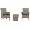 vidaXL 3-delige Bistroset met kussens poly rattan en glas grijs