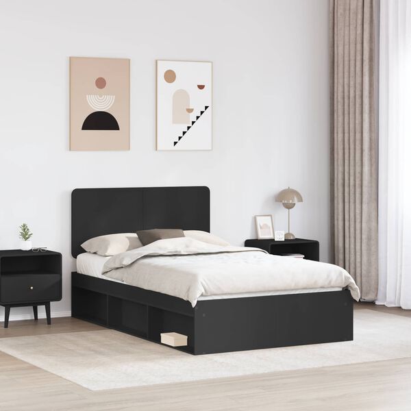 vidaXL Bedframe met hoofdeinde Zwart 135 x 190 cm Massief grenenhout