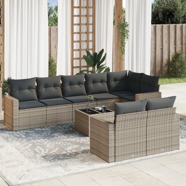vidaXL 9-delige Loungeset met kussens poly rattan grijs