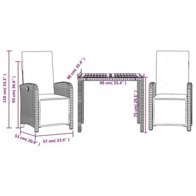 vidaXL 3-delige Bistroset met kussens poly rattan zwart