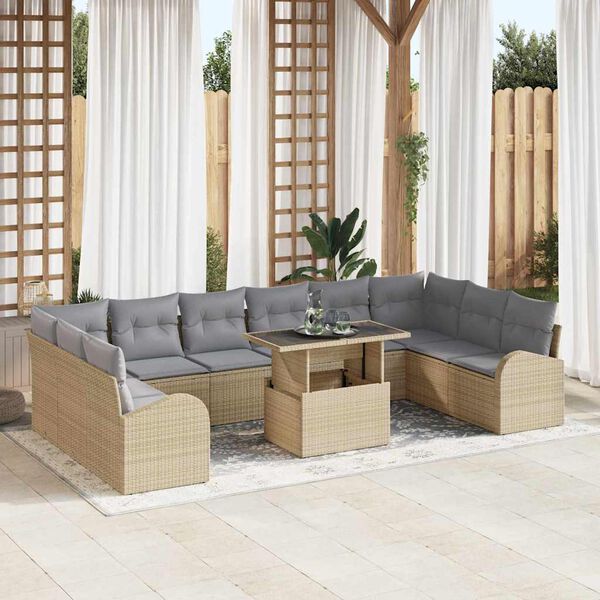 vidaXL Tuin Sofa Set met kussen met opslag 11 pcs Beige Poly riet