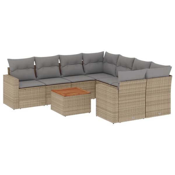 vidaXL 9-delige Loungeset met kussens poly rattan beige