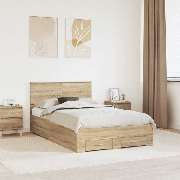 vidaXL Bedframe met hoofdeinde Sonoma Eiken 135 x 190 cm Bewerkt hout