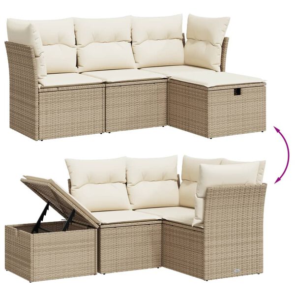 vidaXL 4-delige Loungeset met kussens poly rattan beige