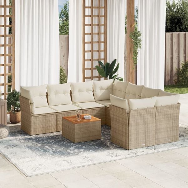 vidaXL 9-delige Loungeset met kussens poly rattan beige