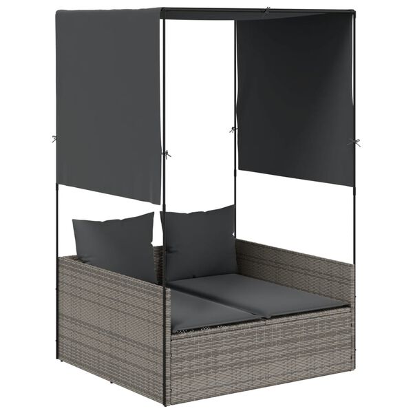 vidaXL Ligbed tweepersoons met dak en gordijn poly rattan grijs