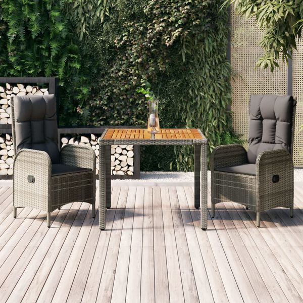 vidaXL 3-delige Tuinset met kussens poly rattan grijs