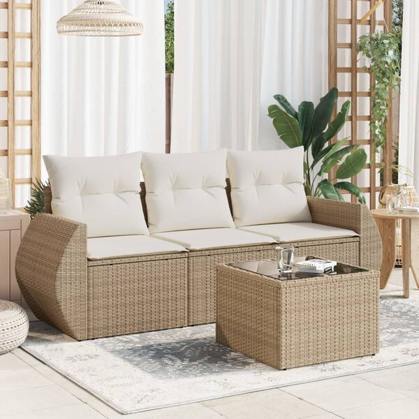 vidaXL 4-delige Loungeset met kussens poly rattan beige