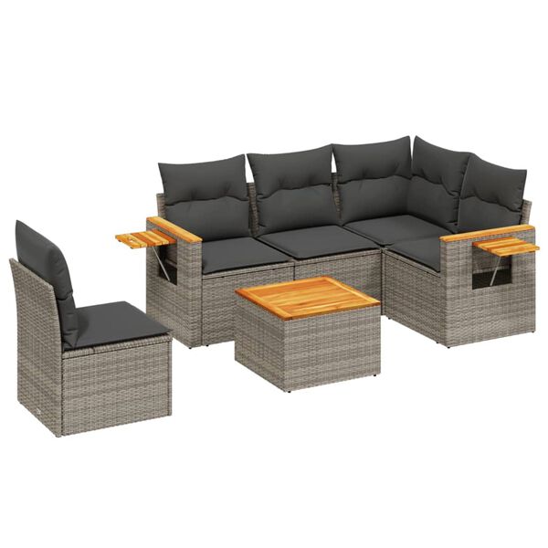 vidaXL 6-delige Loungeset met kussens poly rattan grijs