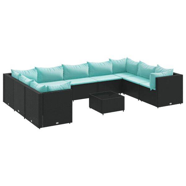 vidaXL 10-delige Loungeset met kussens poly rattan zwart