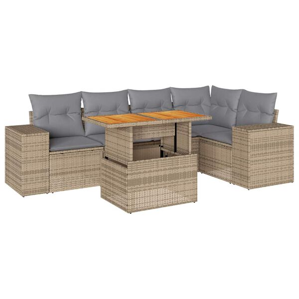 vidaXL 6-delige Loungeset met kussens poly rattan beige