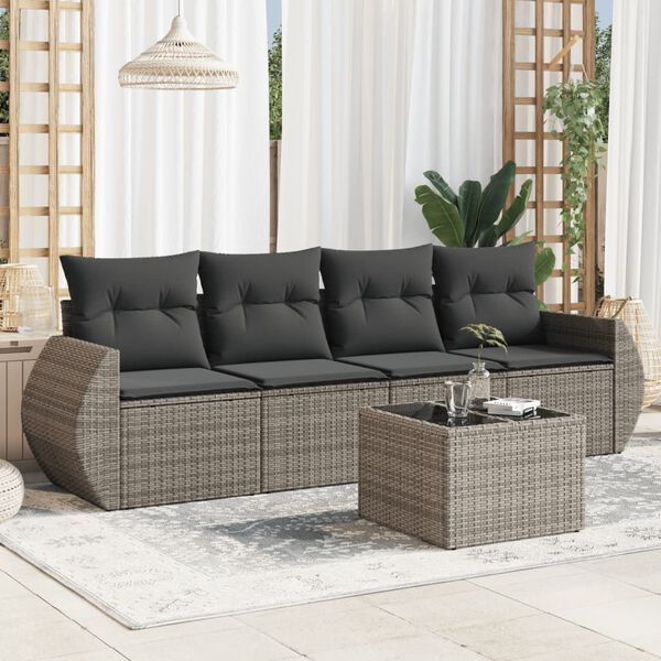 vidaXL 5-delige Loungeset met kussens poly rattan grijs