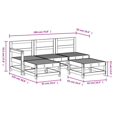 vidaXL 5-delige Loungeset massief grenenhout zwart