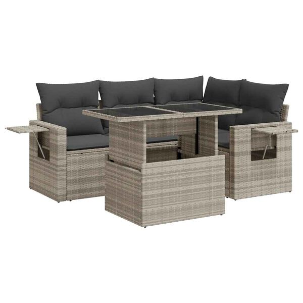 vidaXL 5-delige Loungeset met kussens poly rattan lichtgrijs