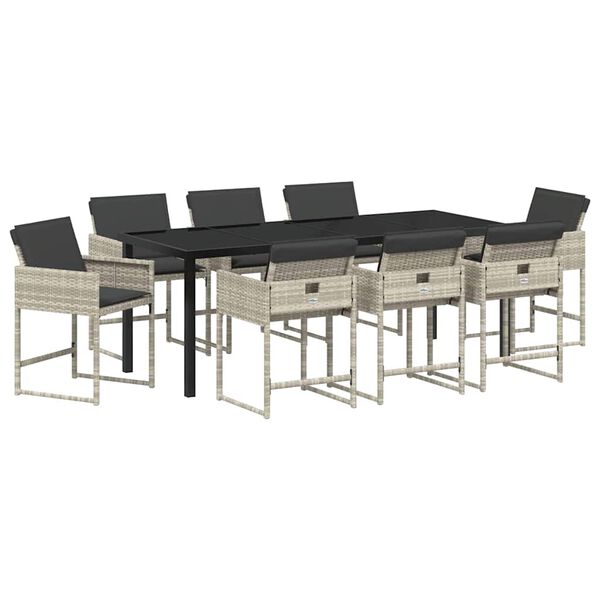 vidaXL Tuin eettafelset met kussen 9 pcs Lichtgrijs poly rattan