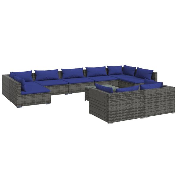 vidaXL 10-delige Loungeset met kussens poly rattan grijs