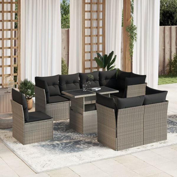 vidaXL 9-delige Loungeset met kussens poly rattan lichtgrijs