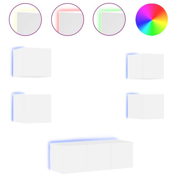 vidaXL 6-delige Tv-wandmeubelset met LED-verlichting bewerkt hout wit