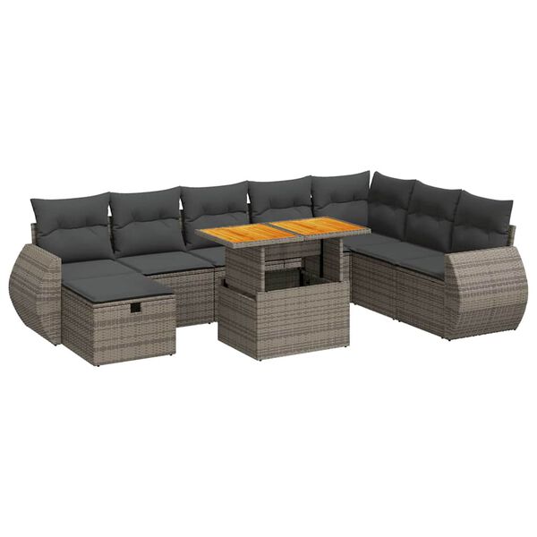 vidaXL 9-delige Loungeset met kussens poly rattan acacia grijs