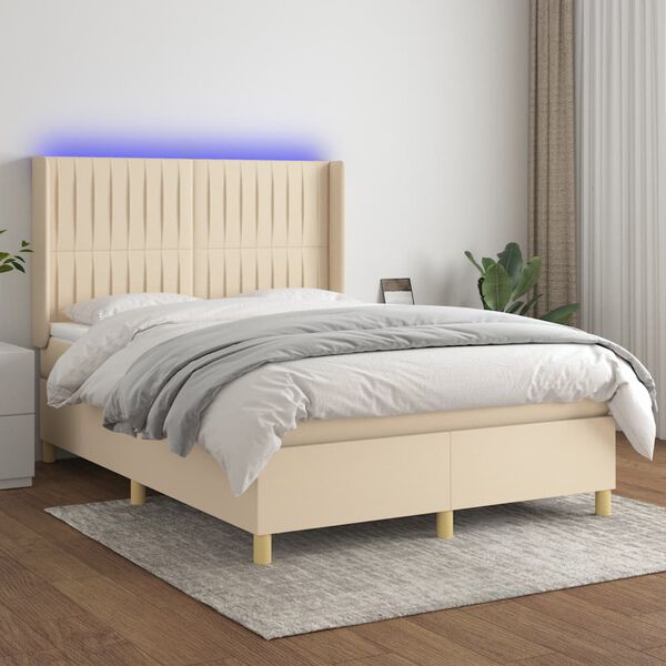vidaXL Boxspring met matras en LED stof cr&egrave;mekleurig 140x200 cm
