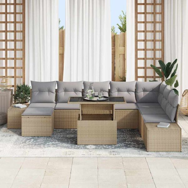 vidaXL Tuin Sofa Set met opslag 9 pcs Beige Poly riet