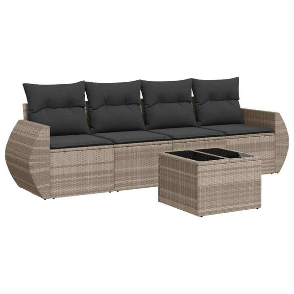 vidaXL 5-delige Loungeset met kussens poly rattan lichtgrijs