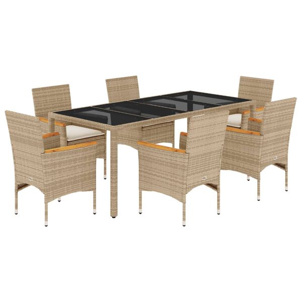 vidaXL 7-delige Tuinset met kussens poly rattan en glas beige
