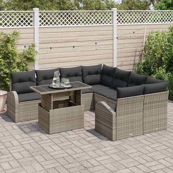 vidaXL Tuin Sofa Set met kussen met opslag 9 pcs Grijs Poly Rattan