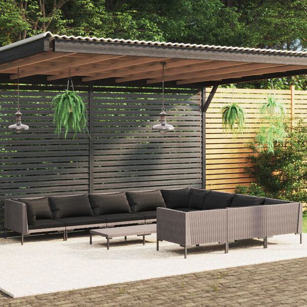 vidaXL 11-delige Loungeset met kussens poly rattan donkergrijs