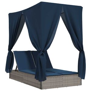 vidaXL Ligbed tweepersoons met dak en gordijn poly rattan grijs