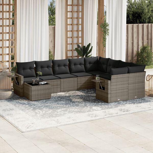 vidaXL 10-delige Loungeset met kussens poly rattan grijs