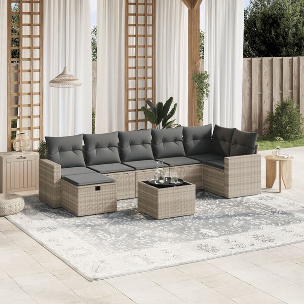 vidaXL 8-delige Loungeset met kussens poly rattan lichtgrijs