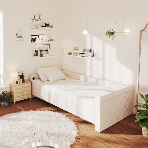 vidaXL Slaapbank met matras en USB stof cr&egrave;mekleurig 90x200 cm