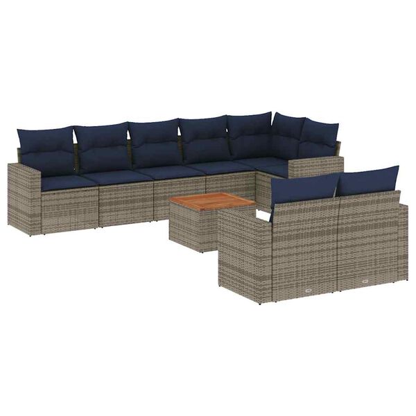 vidaXL 9-delige Loungeset met kussens poly rattan grijs